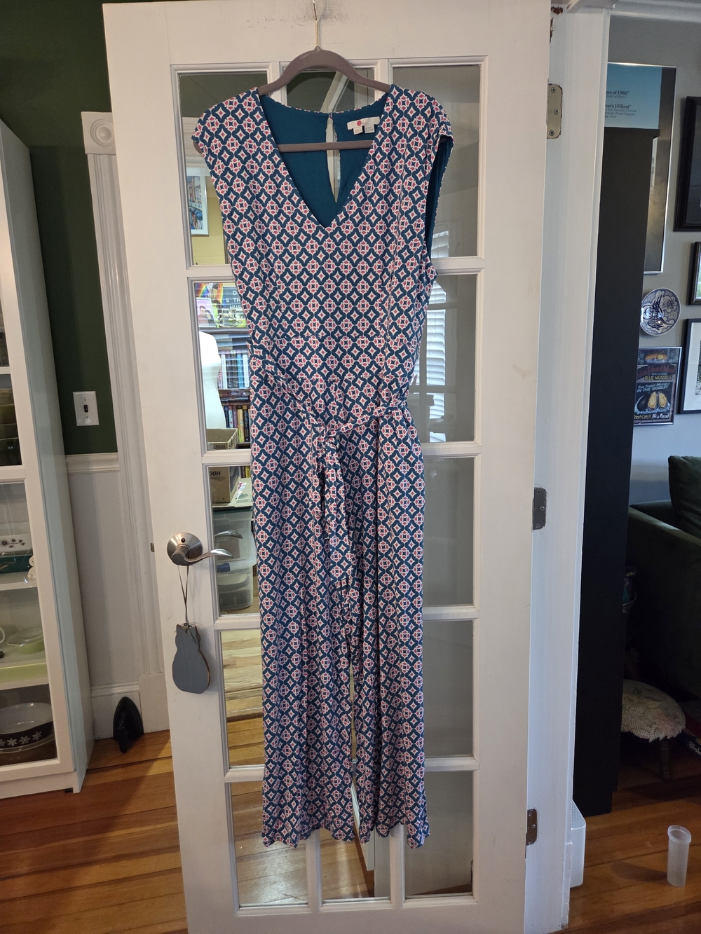 Boden V-Neck Wide-Leg Jersey Jumpsuit in Teal & Pink Print - Size 16/18R - Picture 7 of 15